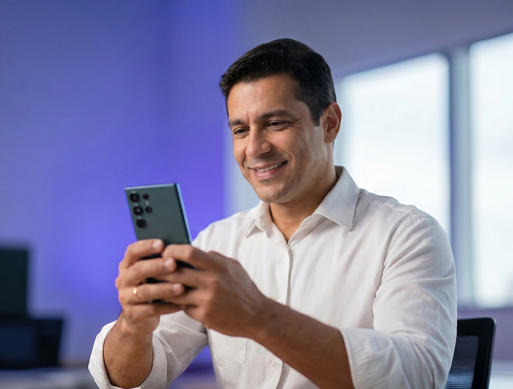 Servidor público sorrindo enquanto resolve o crédito no celular.
